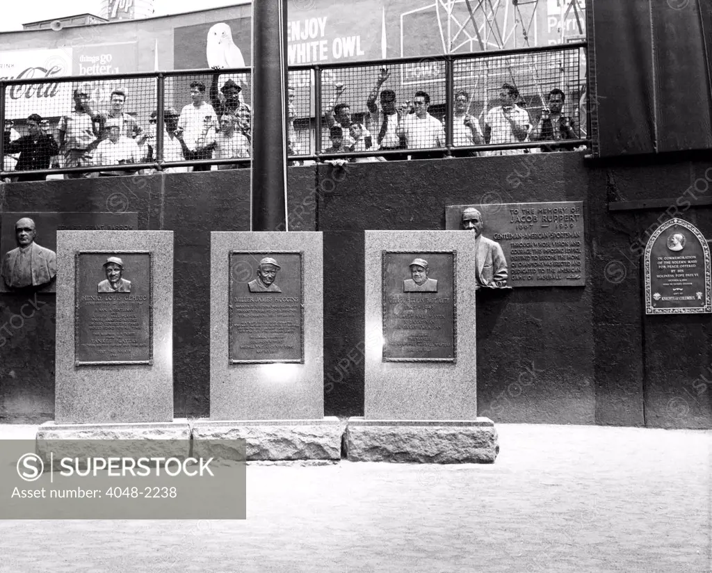 Commemorative plaques at Yankee Stadium, Edward Grant Barrow, Lou Gehrig, Miller James Huggins, Babe Ruth, Jacob Ruppert, and Pope Paul VI, New York, June 25, 1966