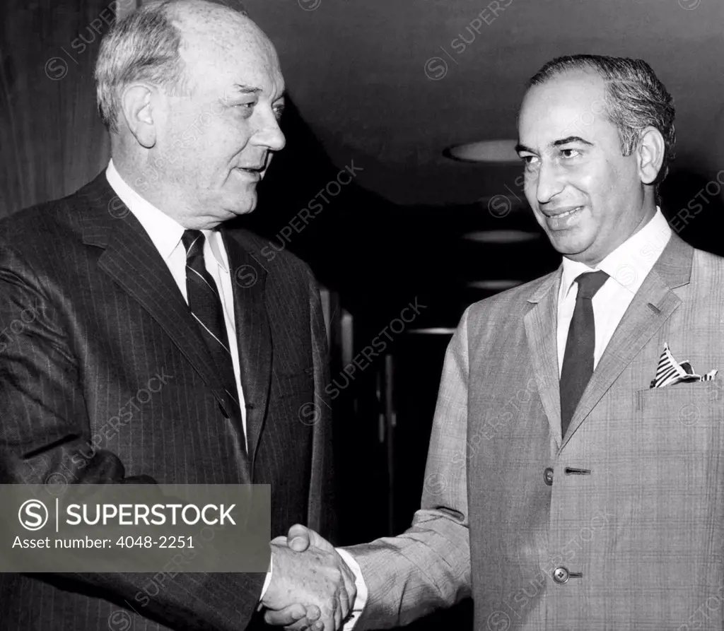 Secretary of State Dean Rusk welcomes Pakistani Foreign Minister Zulfikar Ali Bhutto to the U.N. headquarters in New York, 1965
