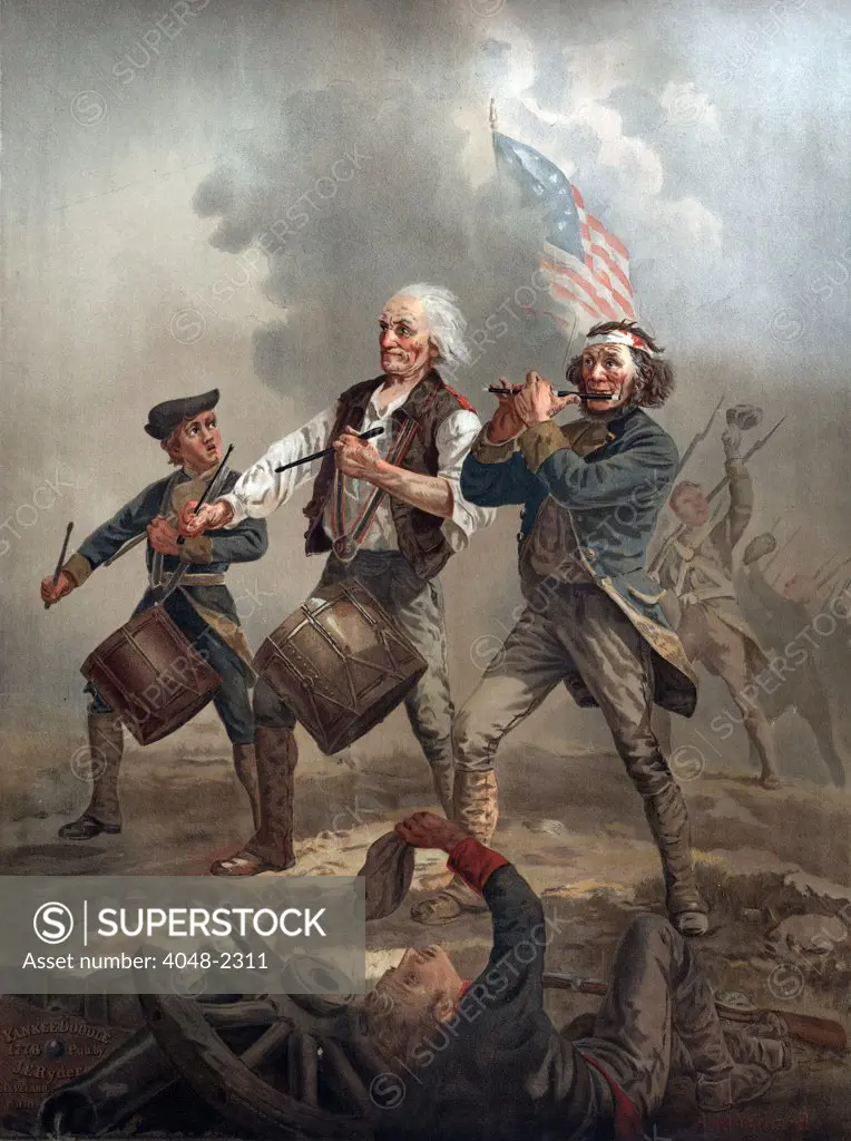 The American Revolution, Yankee Doodle 1776, three patriots, two playing drums and one playing a fife leading troops into battle, by Archibald M. Willard, circa 1876.