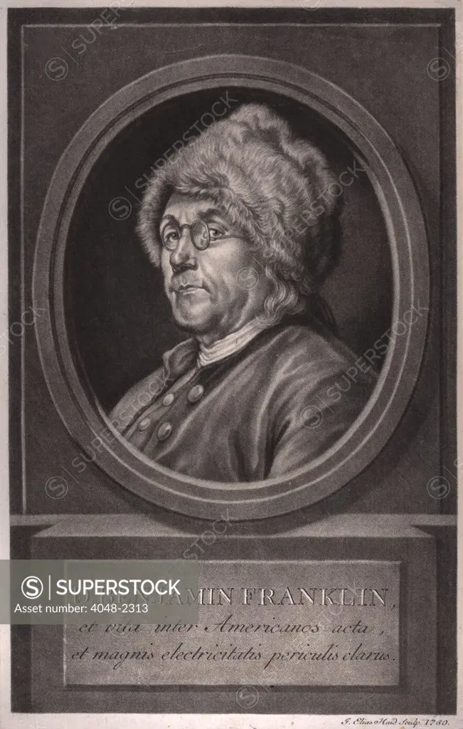 Benjamin Franklin, et vita inter Americanos acta et magnis electricitatis periculis clarus, Benjamin Franklin, head and shoulders portrait, fcaing left, wearing fur cap and spectacles, medallion on pedestal, by Johann Elias Haid, circa 1870.