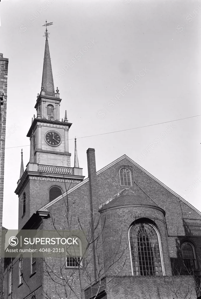 The Old North Church, officially called Christ Church, Boston, Massachusetts. The scene of the signal 'One if by land, and two if by sea' for Paul Revere's midnight ride. Photo ca. 1933. Habs Mass 13-BOST.