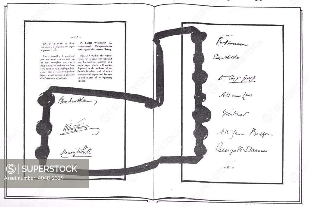 World War I, The first two pages of signatures on the Treaty of Versailles, ending World War I. The first signature is Woodrow Wilson's. The original caption reads: The greatest moment in history, / exclusive photographs by Helen Johns Kirtland and Lucian Swift Kirtland, June 28, 1919.