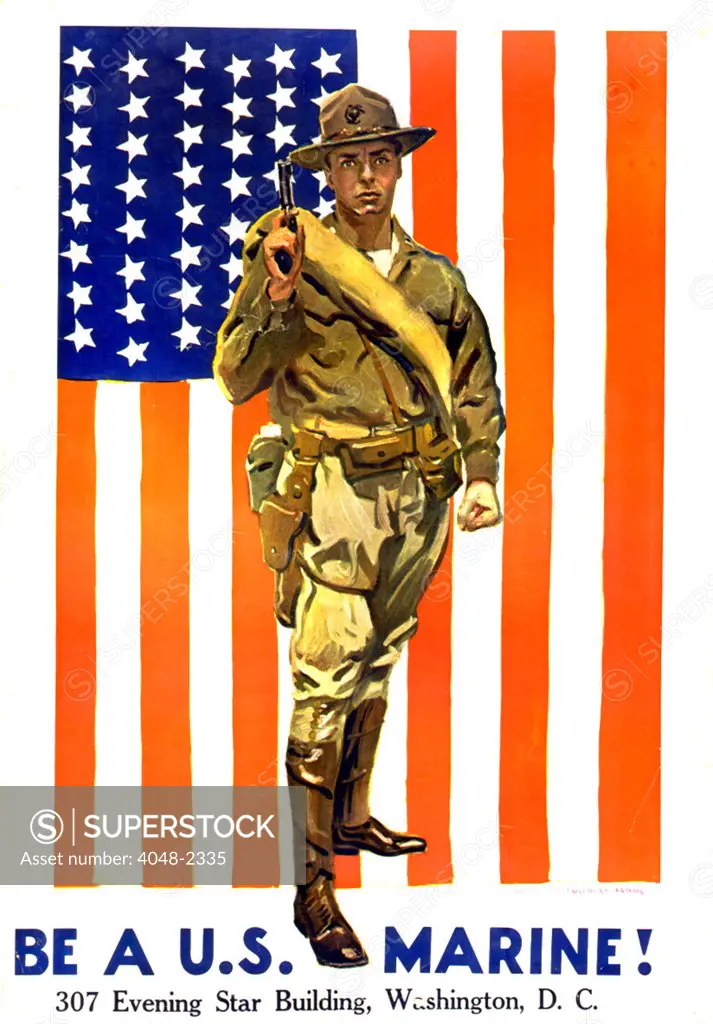 World War I, recruitment poster by James Montgomery Flagg, the text reads: Be a U.S. Marine! circa 1918.