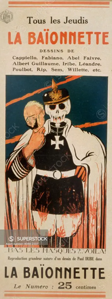 La Baionnette, a weekly satirical journal for French soldiers at the front. The cover shows a skeleton in a German military uniform holding a mask of Kaiser Wilhelm. The text reads: Bas les masques...Viola! Translation: Off with the masks There it is!, Paris, 1916.