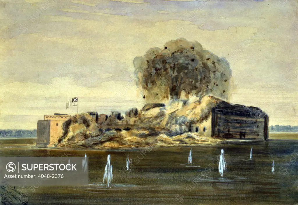 The Civil War, exterior view of Fort Sumter, a Confederate flag flying as the fort explodes, South Carolina, by A. Vizitelly, 1863.