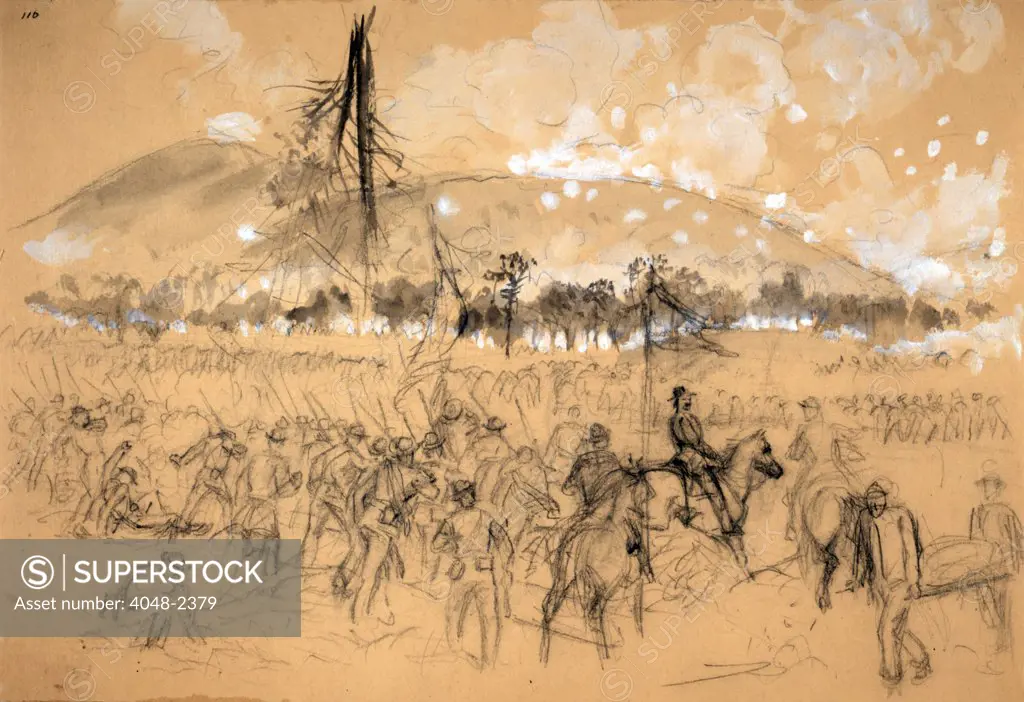 The Civil War, General William Tecumseh Sherman, at the Battle of Kennesaw Mountain, Georgia. Sketch of Union troops charging towards Kennesaw, drawing on yellow paper, by Alfred R. Waud, June 27, 1864.
