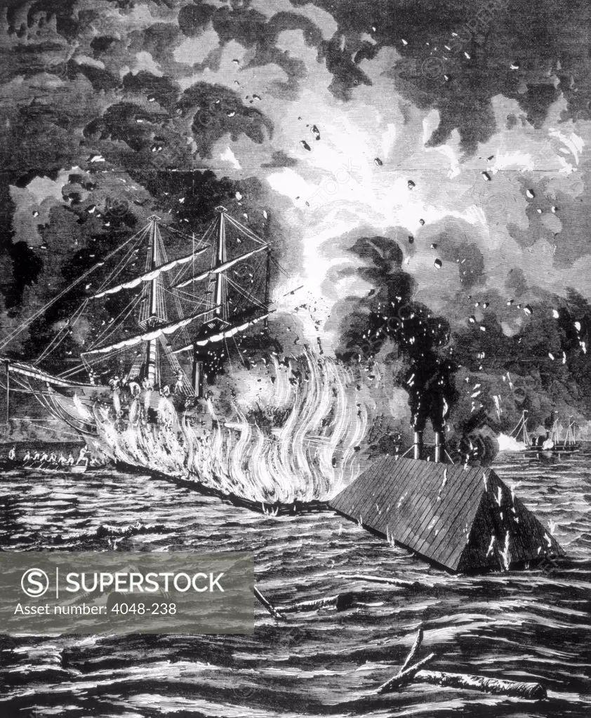 The Battle of New Orleans, The USS Hartford on fire, April, 1862