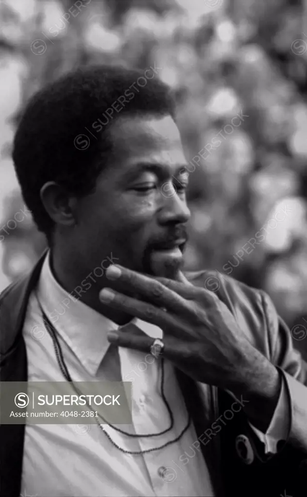 Eldridge Cleaver (1935-1998), Minister of Information for the Black Panther Party, and presidential candidate for the Peace and Freedom Party, by Marion S. Trikosko, Woods-Brown Outdoor Theatre, American University, Washington DC, October 18, 1968.