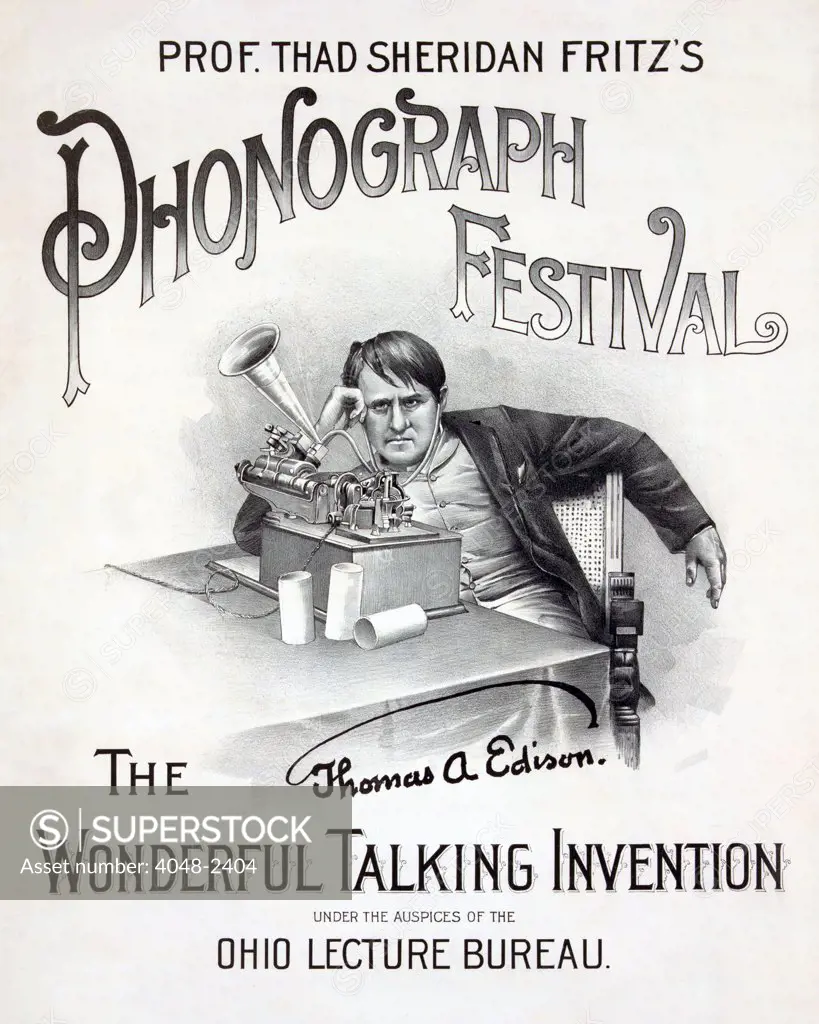 Poster for a music festival, text reads: 'Prof. Thad Sheridan Fritz's Phonograph Festival, the wonderful talking invention under the auspices of the Ohio Lecture Bureau', Thomas Edison is pictured, June 10, 1890.