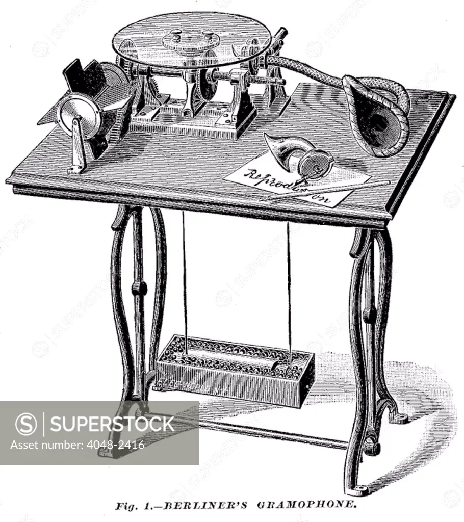 Berliner's gramophone, early recording machine, 1888.