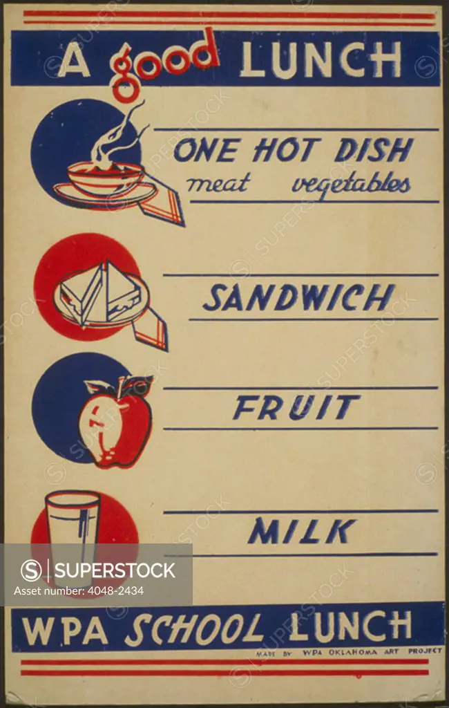 The Works Progress Administration guide to 'A Good Lunch', further text reads: 'one hot dish, meat vegetables; sandwich; fruit; milk; WPA School Lunch, Made by WPA Oklahoma Art Project', circa late 1930s.