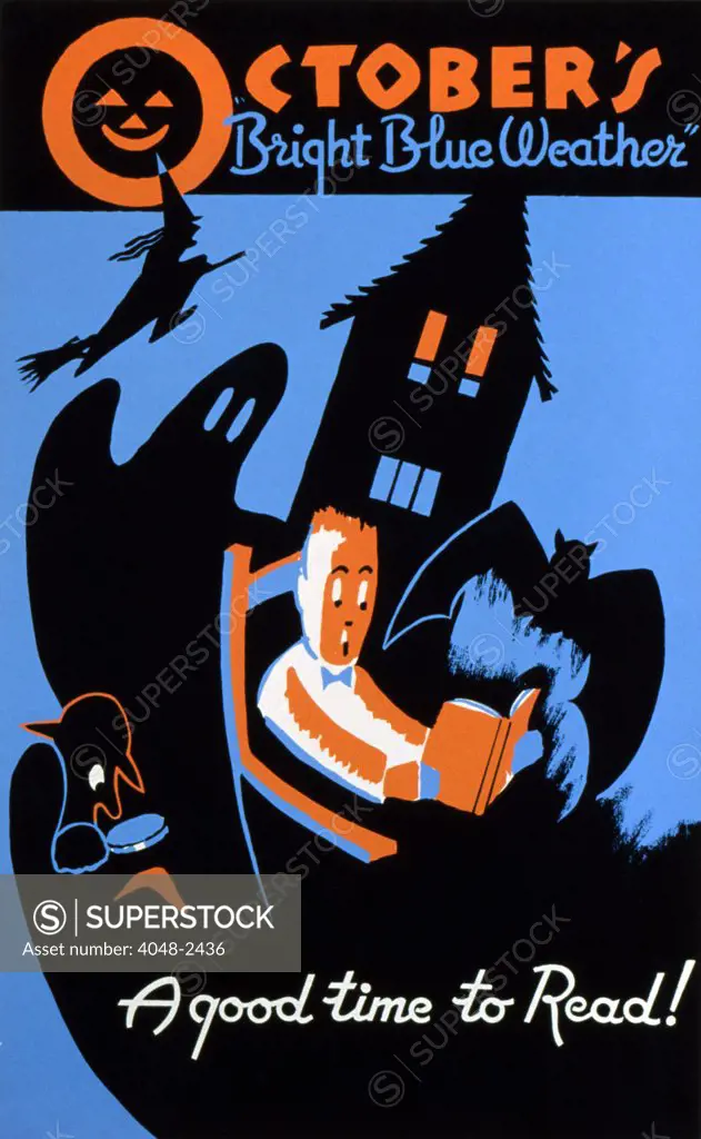 Halloween, poster to encourage reading, text reads: 'October's bright blue weather, A good time to read!', circa 1950s.