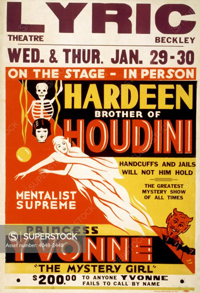 Poster for Hardeen Houdini, brother of Harry Houdini, text reads: 'On the stage - in person, Hardeen, brother of Houdini handcuffs and jails will not hold him. The greatest mystery show of all times. Mentalist supreme', circa 1931.