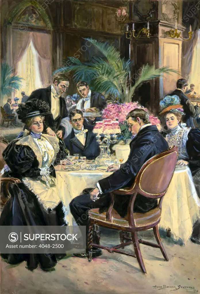 Over-indulgence - A spoiled Thanksgiving, watercolor by Alice Barber Stephens, 1896.