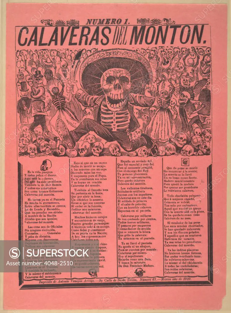 Calaveras del monton, numero 1, translation: Skulls from the heap, number 1, Broadside showing a male skeleton dressed in a charro outfit wielding a machete in a graveyard, by Jose Guadalupe Posada, Mexico City, Mexico, 1910.