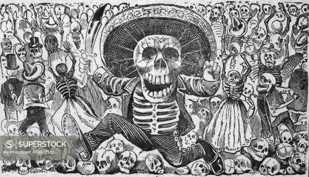 Detail of death from Calaveras del monton, numero 1, translation: Skulls from the heap, number 1, Broadside showing a male skeleton dressed in a charro outfit wielding a machete in a graveyard, by Jose Guadalupe Posada, Mexico City, Mexico, 1910.