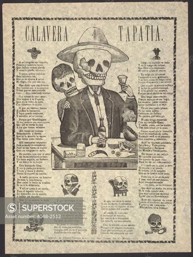 Calavera Tapatia, translation: Skulls From the State of Jalisco, broadside showing male skeleton having a drink of tequila and smoking a cigar, Mexico City, by Manuel Manilla, 1910.