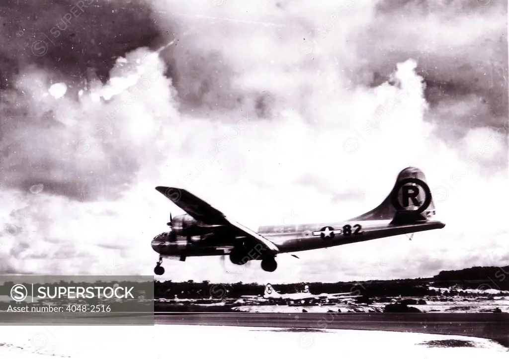 Enola Gay- Boeing B-29 Superfortress 'Enola Gay' landing after the atomic bombing mission on Hiroshima, Japan. 1945