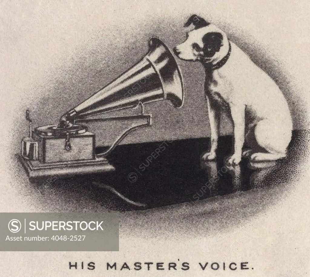 His Master's Voice, originally a trademark for Gramophone Records (in later years, for Victor, RCA, and HMV Records), Nipper, the Jack Russell Terrier listening to a phonograph, circa 1899.