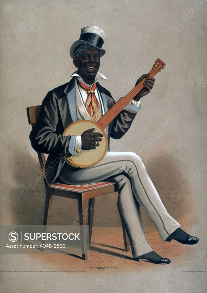 African American man playing the banjo, original title: 'Swell Negro Banjo Player', by Courier Co., 1875.