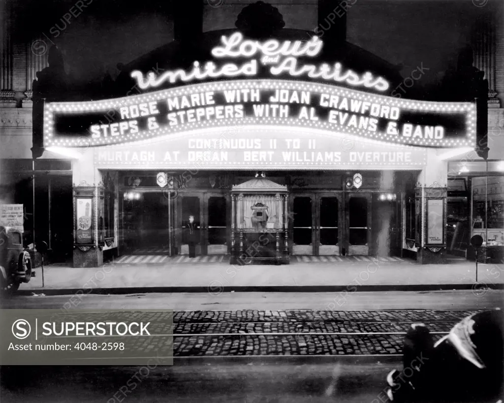 Loew's and United Artists Ohio Theatre, exterior showing ROSE-MARIE, with Joan Crawford, and STEPS 7 STEPPERS, with Al Evans & Band, Continuous 11 to 11, Murtagh at Organ, Bert Williams Overture, 39 East State Street, Columbus, Franklin County, Ohio, 1928.