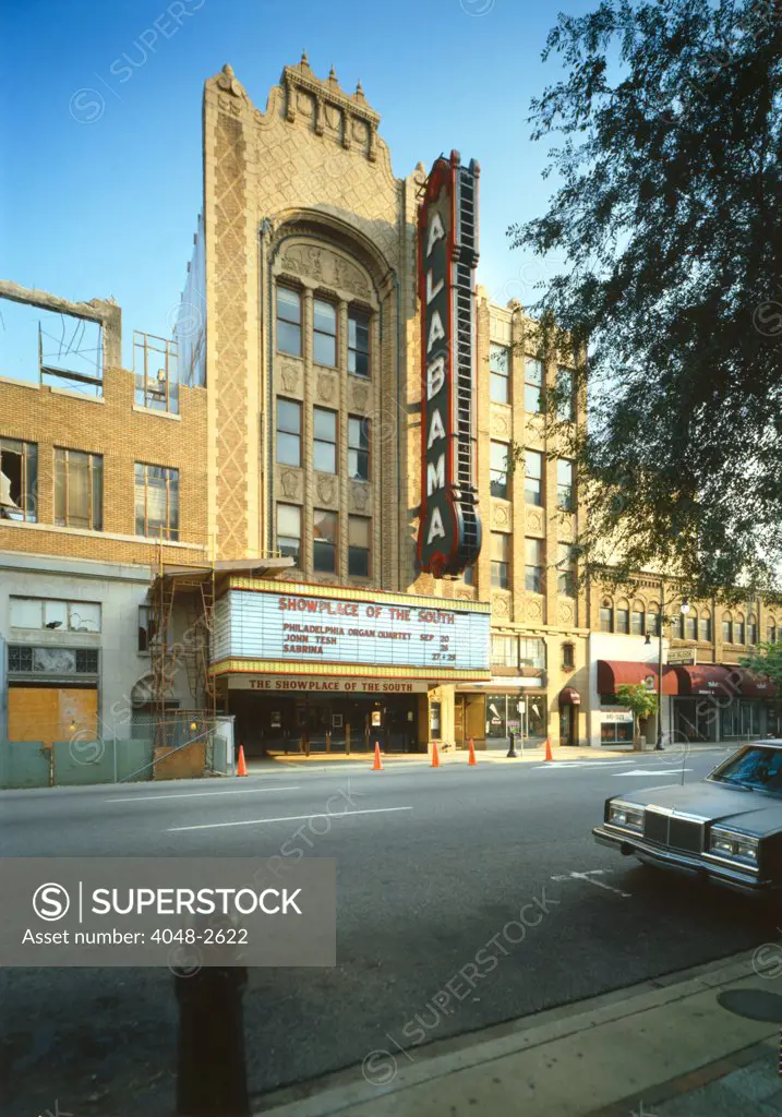 Exterior of the Alabama Theatre, marquee reads: 'Showplace of the South', Birmingham, Alabama, erected in 1927, photograph circa 1990s.