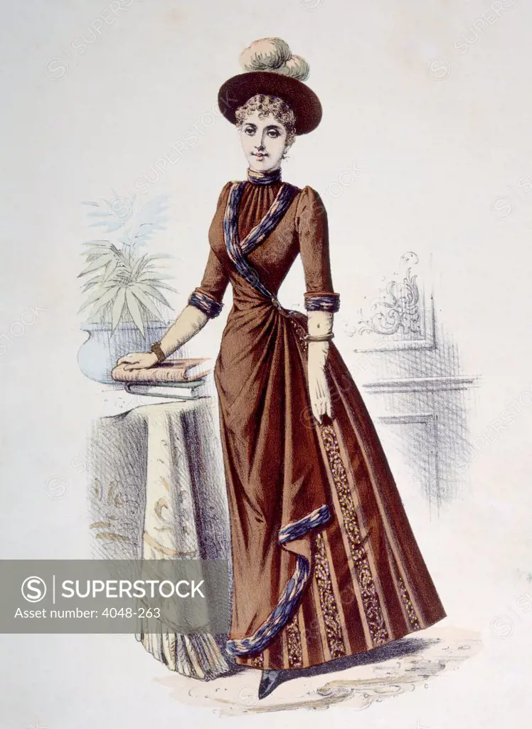 Woman wearing a bustle dress, hand-colored engraving, 1889. Photo: Courtesy Everett Collection