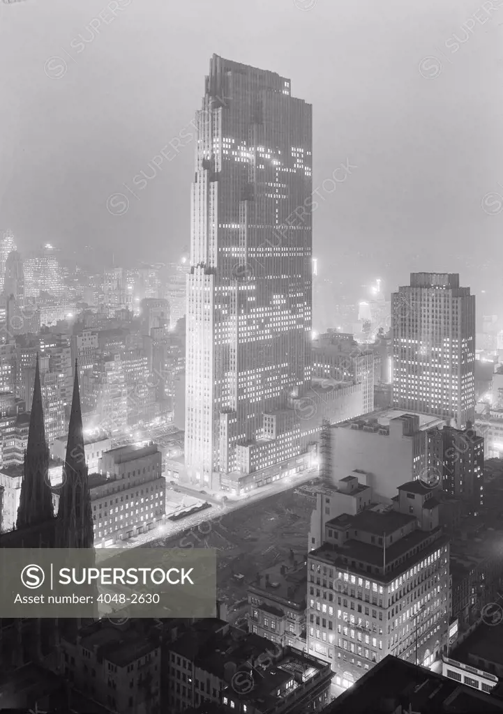 New York City, Rockefeller Center and RCA Building at night, from 515 Madison,, photograph by Samuel H. Gottscho, December 5, 1933.
