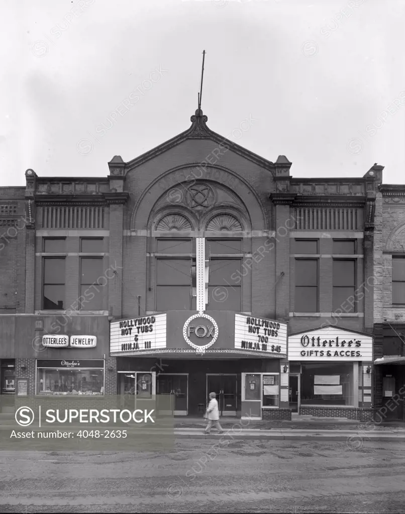 Movie Theaters, The G.F. Andrae Opera House, showing HOLLYWOOD HOT TUBS, and NINJA III, movie theater at 1124 Main Street, Stevens Point, Wisconsin circa 1984.