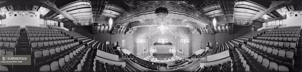 The Fox Theater, panoramic view of auditorium, Seventh Avenue, Olive Way, Seattle, Washington, circa 1991.