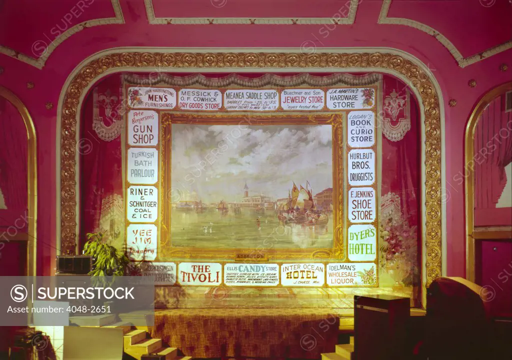 Movie Theaters, The Atlas Theater, detail of stage and painted curtain, constructed 1907, 213 West Sixteenth Street, Cheyenne, Wyoming, circa 1974.