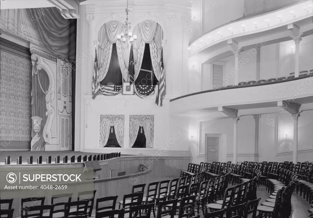 Theaters, Ford's Theater, site of the Assassination of President Abraham Lincoln, interior, Presidential box from orchestra, 511 Tenth Street Northwest, Washington DC, circa 1930s.