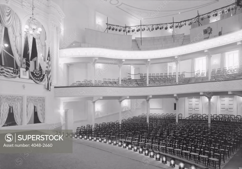 Theaters, Ford's Theater, site of the Assassination of President Abraham Lincoln, interior, orchestra and balconies from stage, 511 Tenth Street Northwest, Washington DC, circa 1930s.