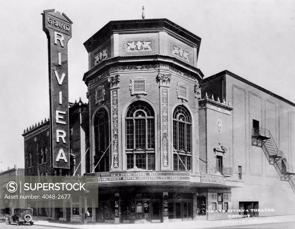 Movie Theaters, the Grand Riviera Theatre, the marquee reads: 'Gala Grand Opening Week Featuring Robert Morton Orchestra Pipe Organ', 9222 Grand River Avenue, Detroit, Michigan, circa 1925.