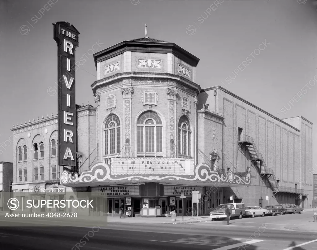 Movie Theaters, the Grand Riviera Theatre, the theater is showing a triple feature: SALT AND PEPPER, THE EXECUTIONER, MACHINE GUN MCCAIN, 9222 Grand River Avenue, Detroit, Michigan, photograph by Allen Stross, October 1970.