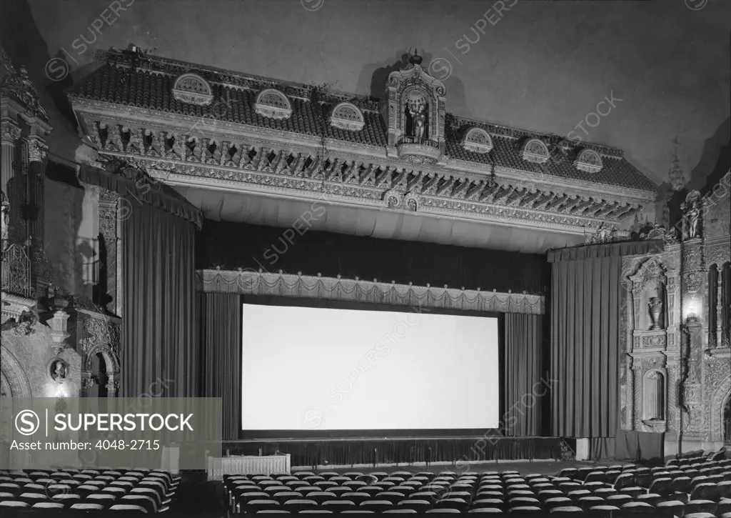 Movie Theaters, Loew's Theatre, view of stage, designed by John Eberson, an example of Churrigueresque design, 625 South Fourth Street, Louisville, Kentucky, circa 1928.