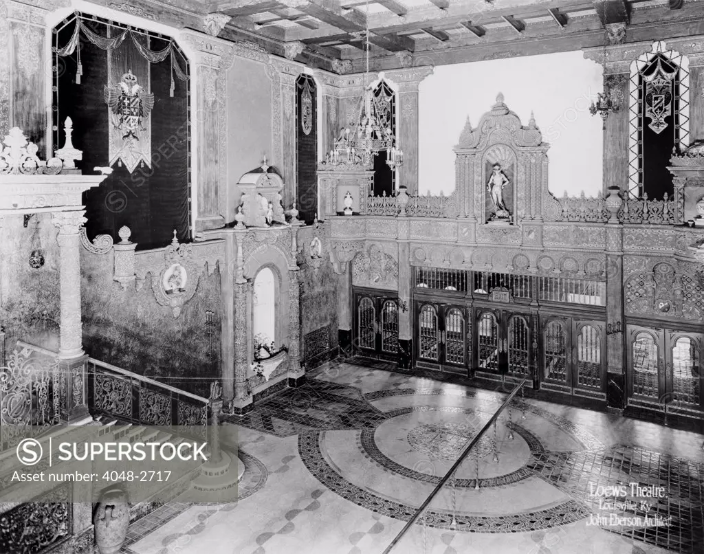 Movie Theaters, Loew's Theatre, view of lobby, designed by John Eberson, an example of Churrigueresque design, 625 South Fourth Street, Louisville, Kentucky, circa August, 1928.