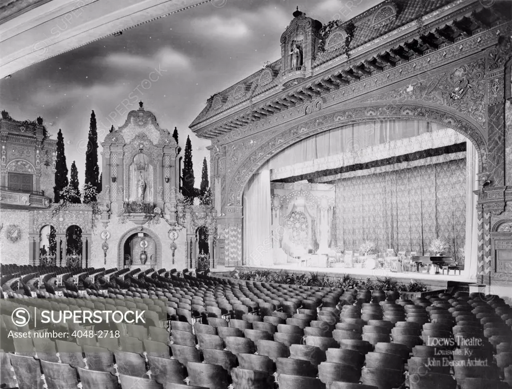 Movie Theaters, Loew's Theatre, view of orchestra and stage, designed by John Eberson, an example of Churrigueresque design, 625 South Fourth Street, Louisville, Kentucky, circa 1928.