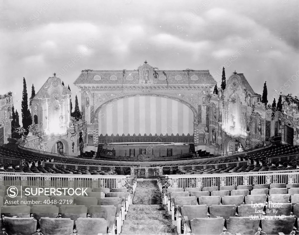 Movie Theaters, Loew's Theatre, view of center stage, designed by John Eberson, an example of Churrigueresque design, 625 South Fourth Street, Louisville, Kentucky, circa 1928.