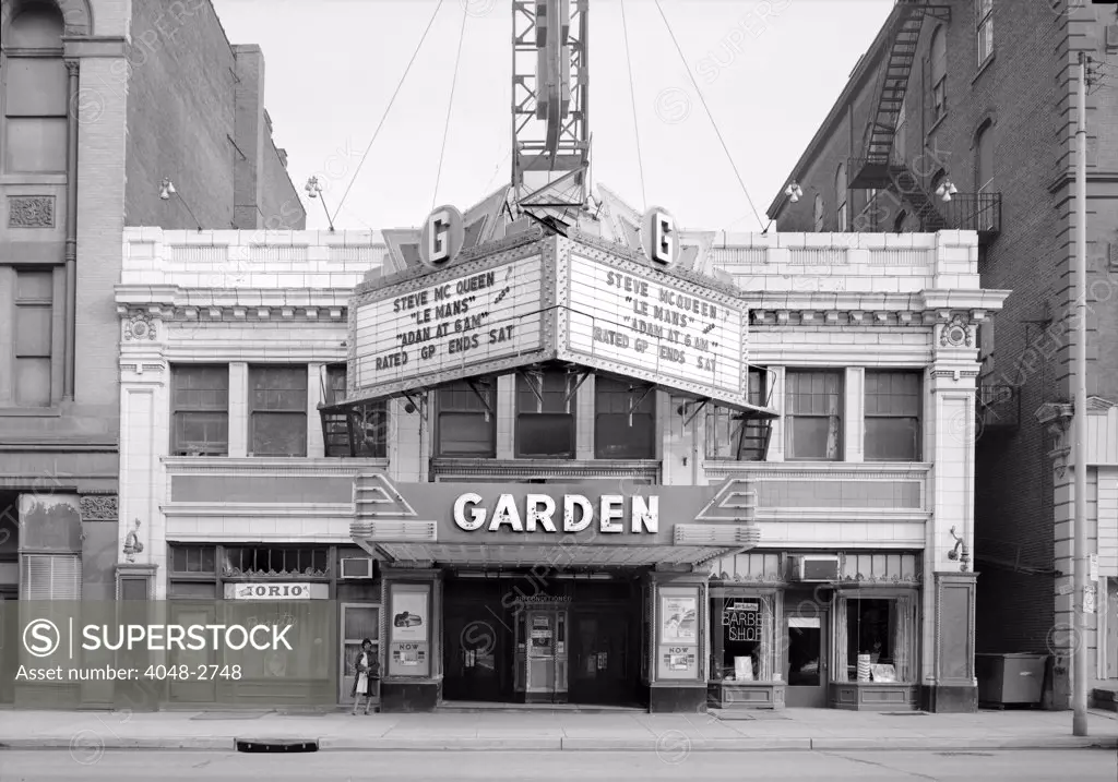 Movie Theaters, The Garden Theater, showing LE MANS, starring Steve McQueen, constructed in 1927, 10-12-14, West North Avenue, Pittsburgh, Pennsylvania, circa 1971.