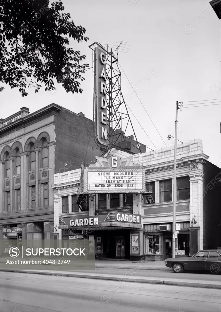 Movie Theaters, The Garden Theater, showing LE MANS, starring Steve McQueen, constructed in 1927, 10-12-14, West North Avenue, Pittsburgh, Pennsylvania, circa 1971.