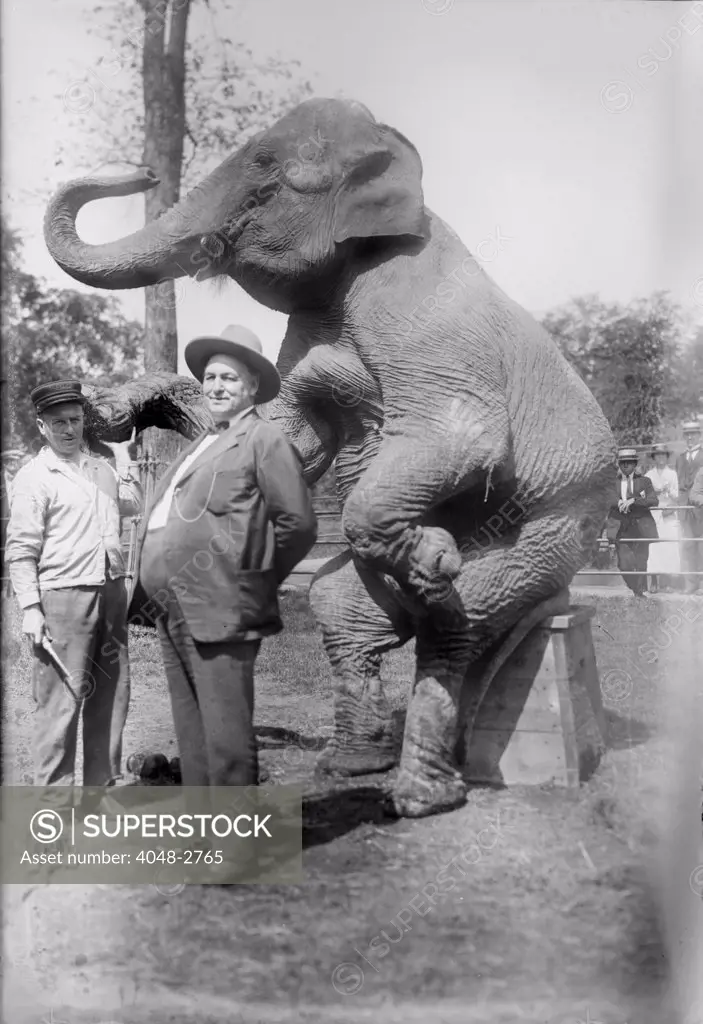 Stewart (right), and elephant, circa early 1900s.