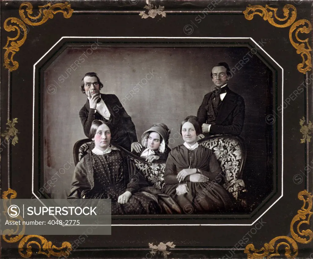 Three women and two men and a sofa, hand painted quarter-plate daguerreotype, circa 1840-1860.