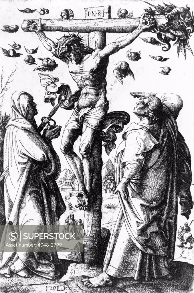 Jesus Christ, Christ on the Cross, etching by Daniel Hopfer, circa 1490-1536.