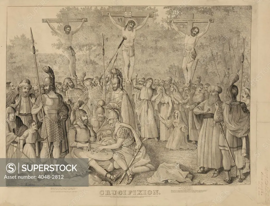 Jesus Christ, depiction of the crucifixion of Jesus Christ (top center), drawing, circa 1835.