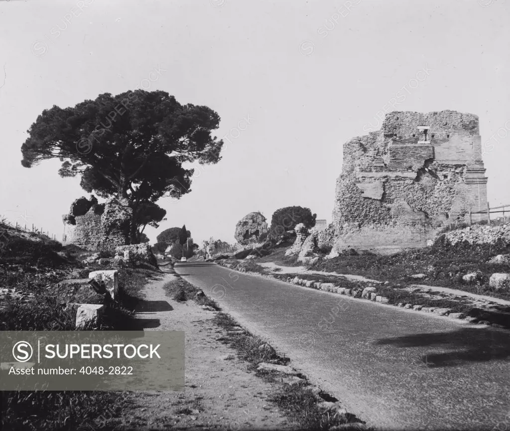 Rome, surfaced Appian way, as a modern highway, circa 1950s.