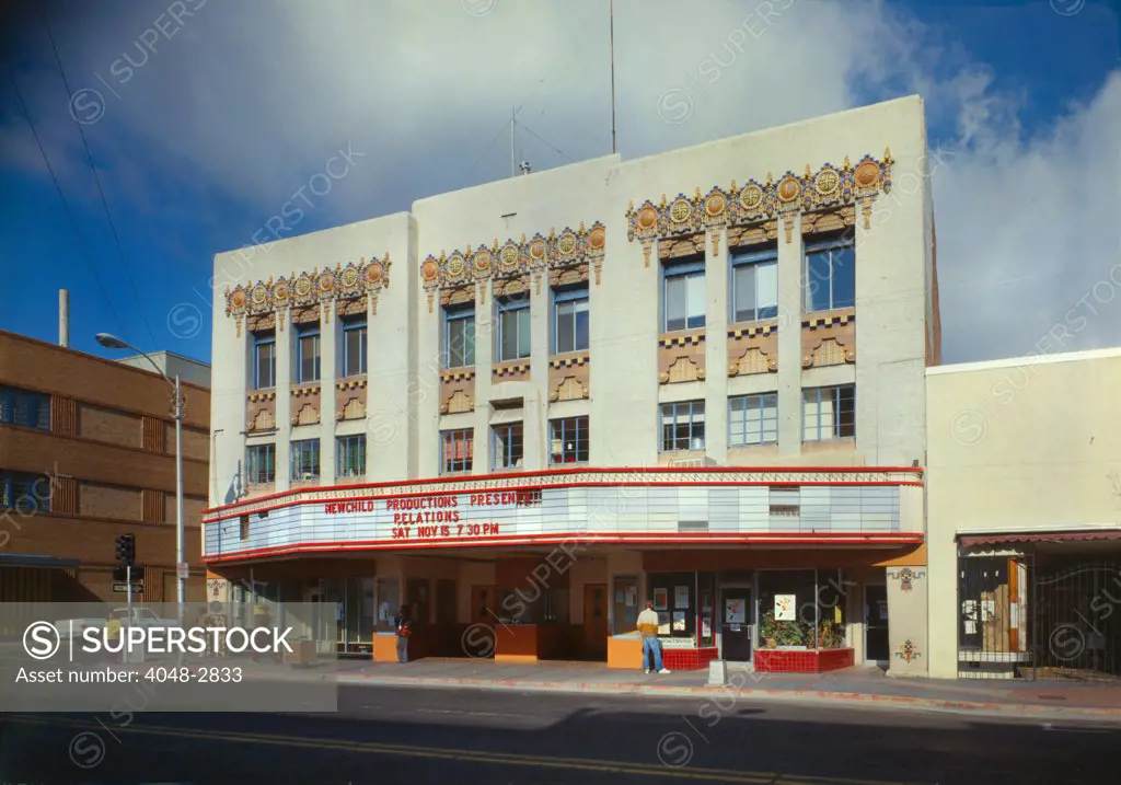 Movie Theaters, The Kimo Theater, marquee reads: 'Newchild Productions presents Relations Sat Nov 15 7:30 PM', photograph by Walter Smalling, 421 Central Northest, Albuquerque, New Mexico, circa 1980s.