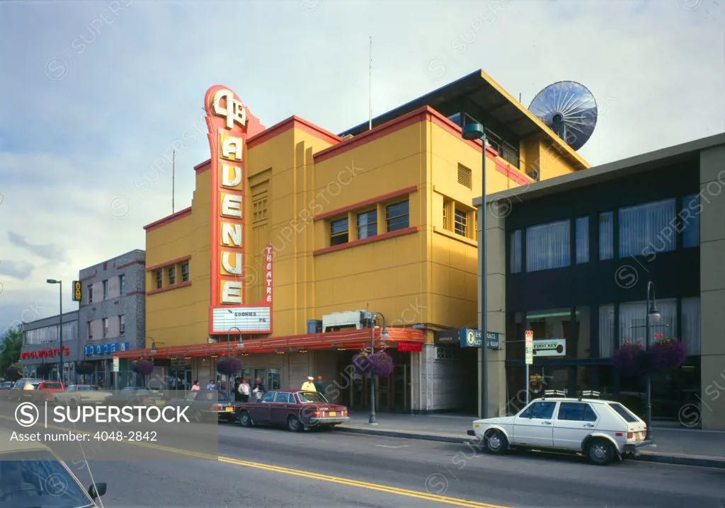 Movie Theaters, Fourth Avenue Theatre, showing THE GOONIES, constructed in 1947, 630 West Fourth Avenue, Anchorage, Alaska, circa 1985.