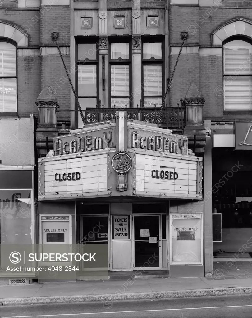 Movie Theaters, Academy Building, detail of theater, constructed in 1876, 68-114 South Main Street, Fall River, Massachusetts, circa 1980s.