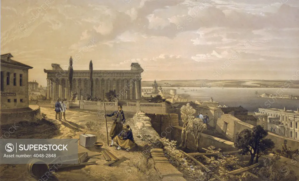 Religion, the Church of Saint Peter & Saint Paul, Sevastopol, in ruins after Russians abandoned the city to French and British forces in September 1855, lithograph hand colored by William Simpson, 1856.